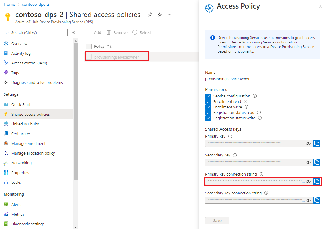 Screenshot that shows the location of the provisioning service connection string in the portal.