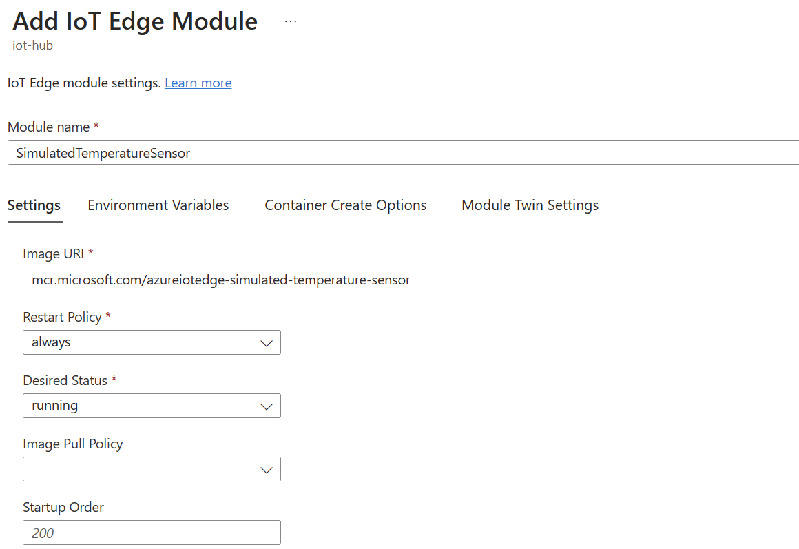 Screenshot showing adding IoT Edge settings for the simulated temperature sensor module in the Azure portal.