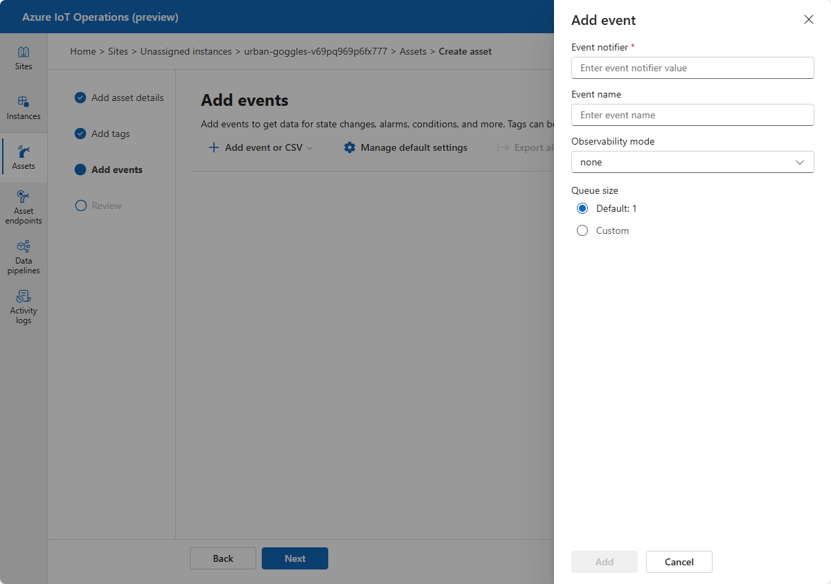 Screenshot that shows adding events in the operations experience.