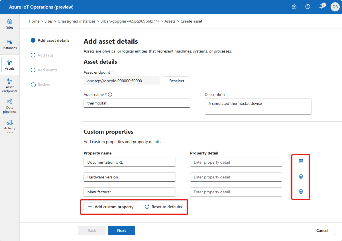 Screenshot that shows how to add asset details in the operations experience.