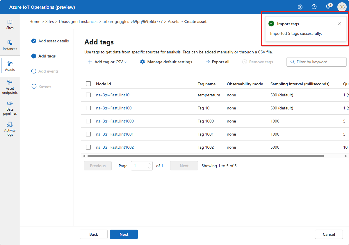 A screenshot that shows the completed import from the Excel file in the operations experience.