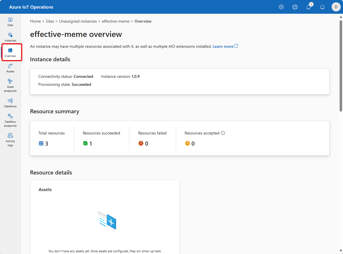 Screenshot that shows the overview page for an instance in the operations experience.