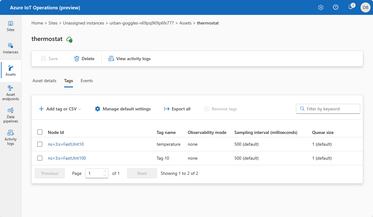 A screenshot that shows the thermostat asset in the operations experience.