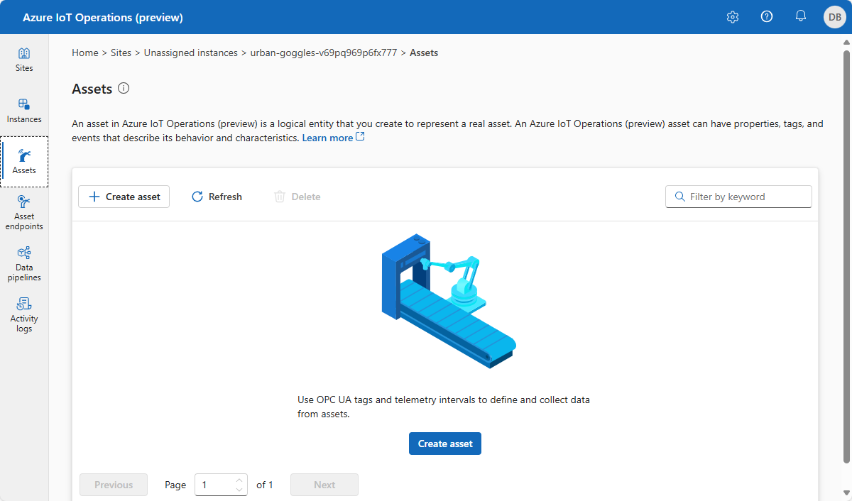 Screenshot of Azure IoT Operations empty asset list.