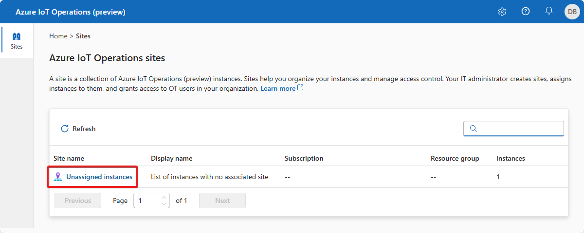 Screenshot that shows the unassigned instances node in the operations experience.