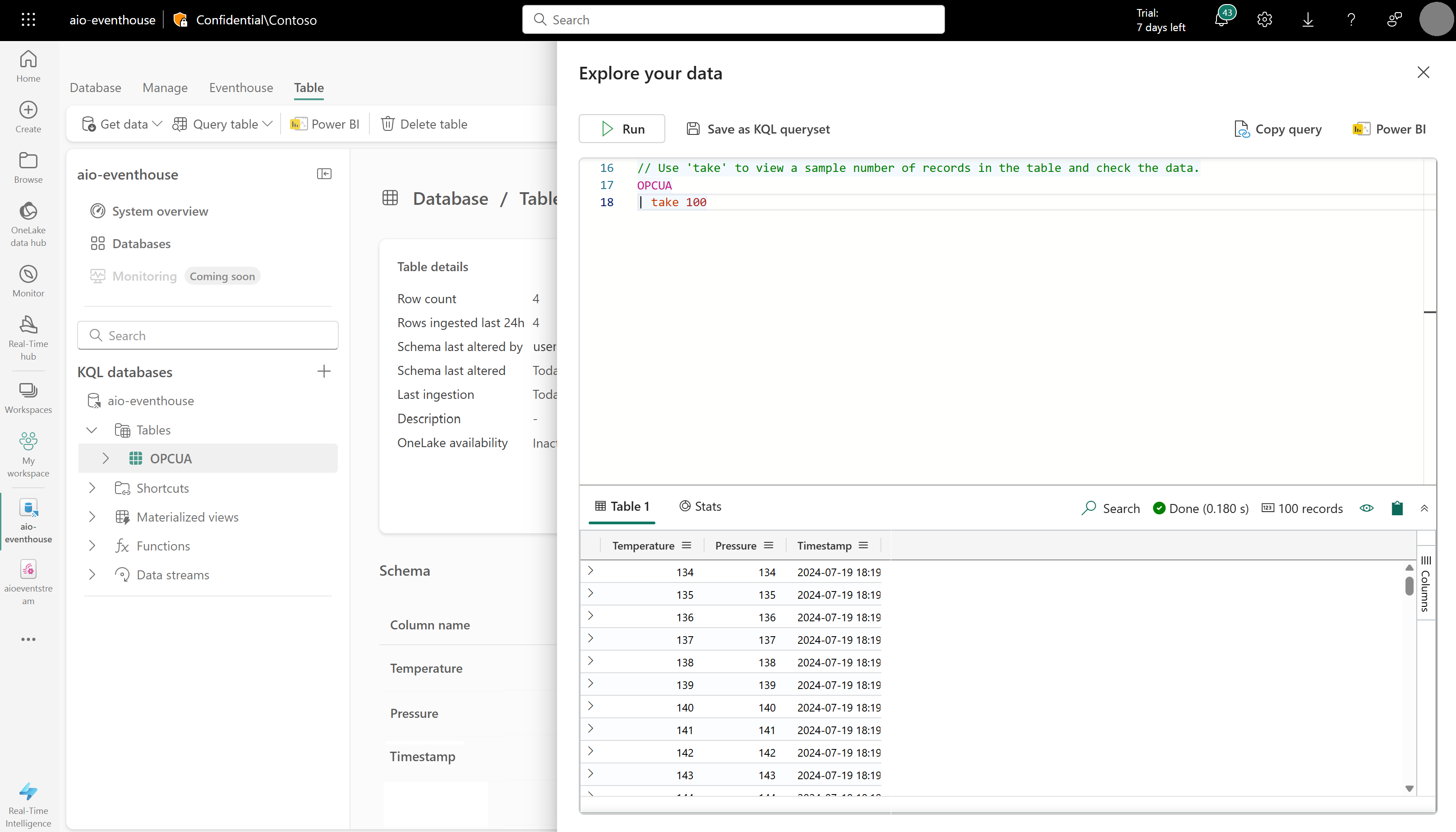 Screenshot of the same data being queried from the KQL database.