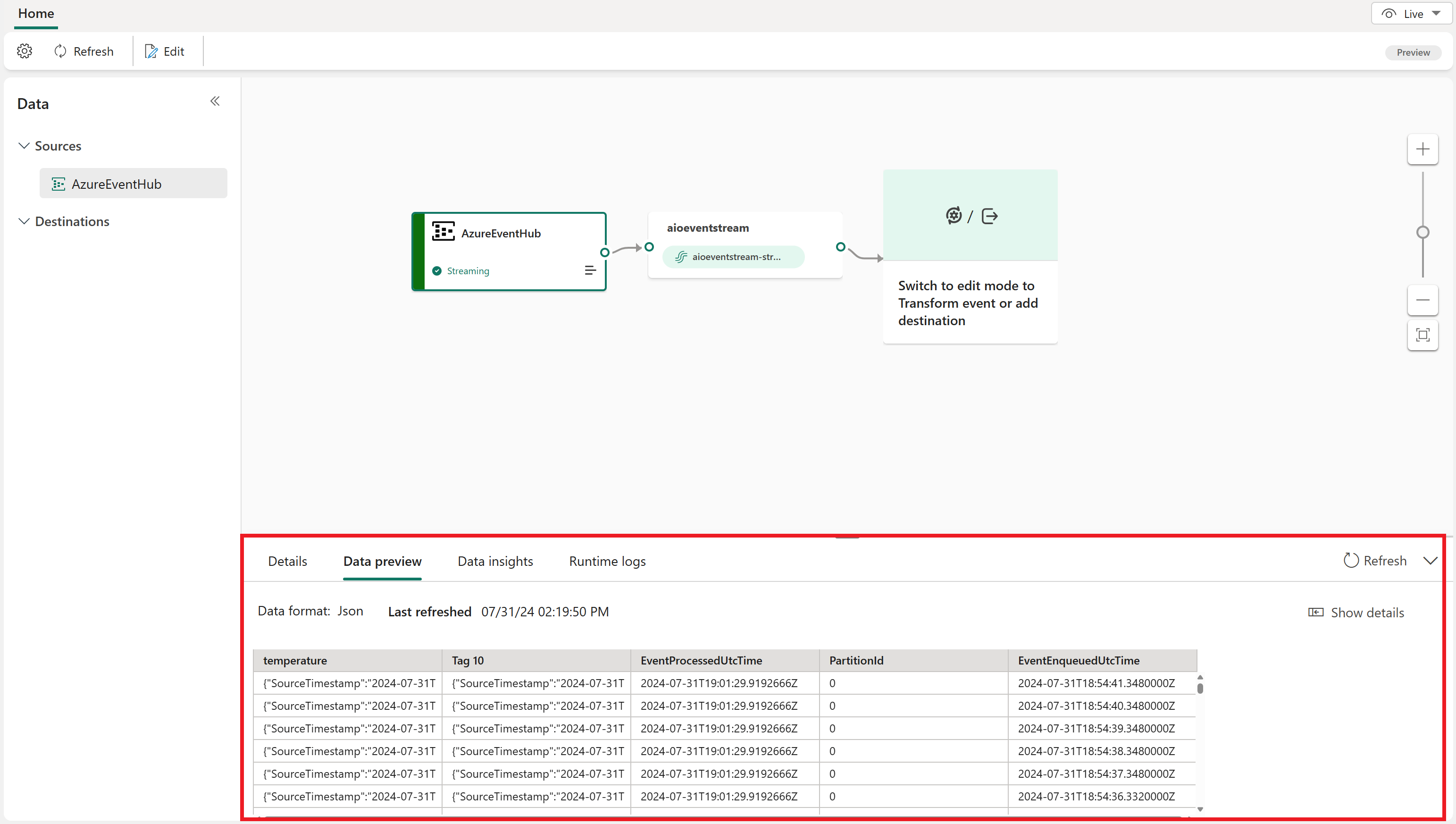 Screenshot of the eventstream with data from the AzureEventHub source.