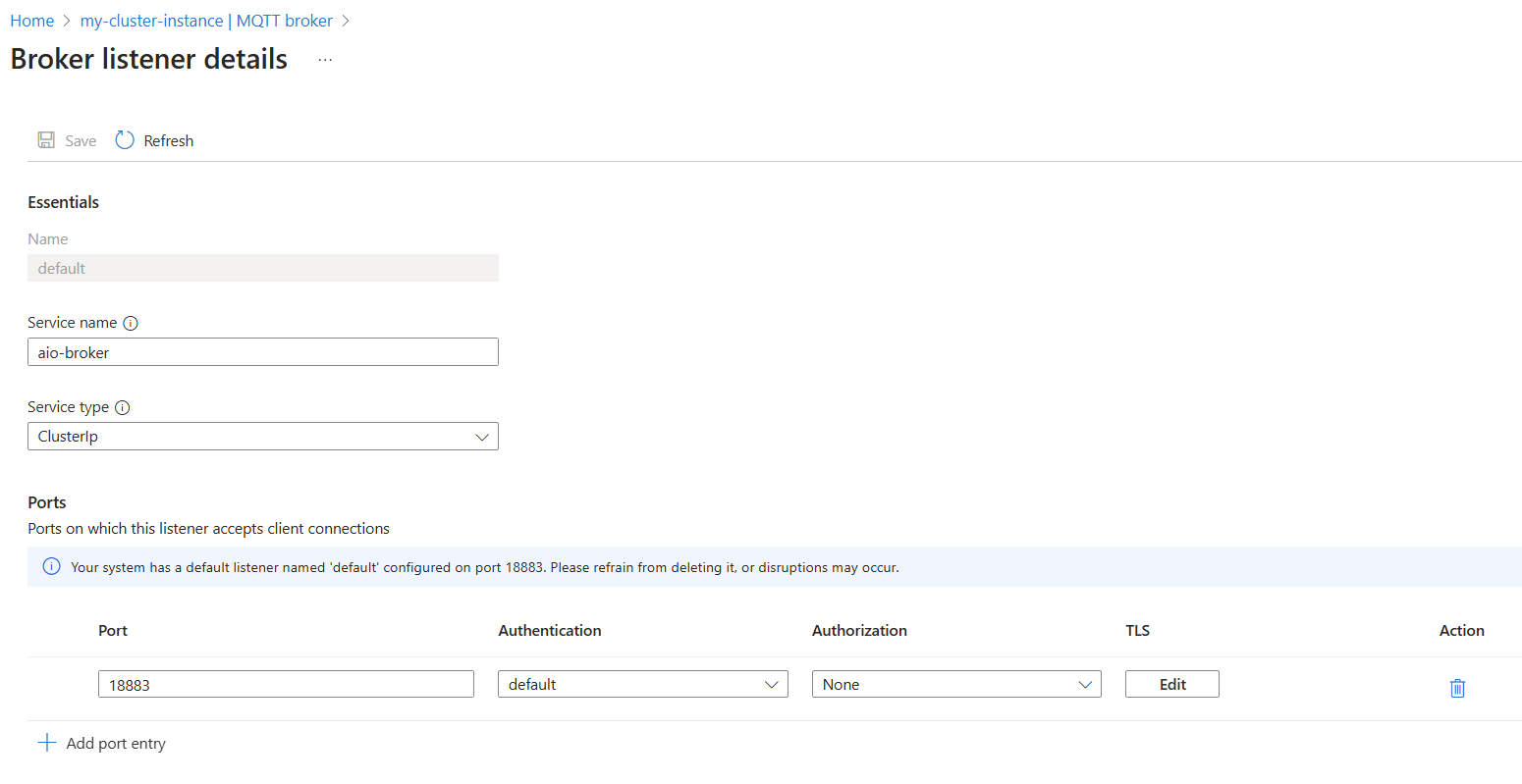 Screenshot using Azure portal to view or edit the default broker listener.