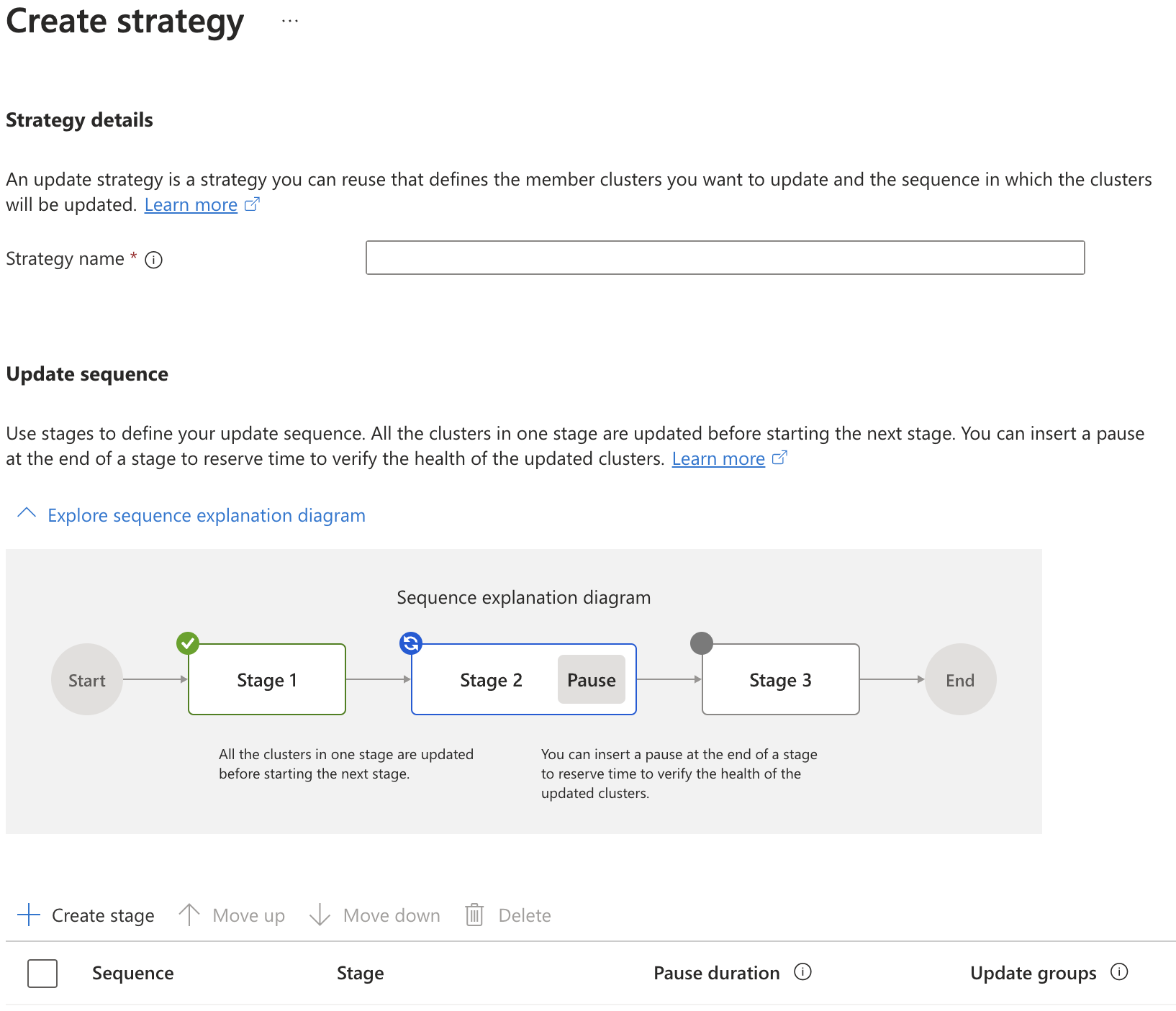 A screenshot of the Azure portal showing creation of update strategy.