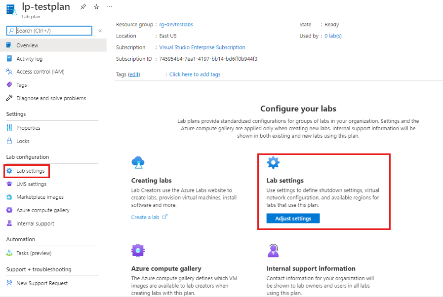 Screenshot that shows the Lab overview page with Lab settings and Adjust settings highlighted.