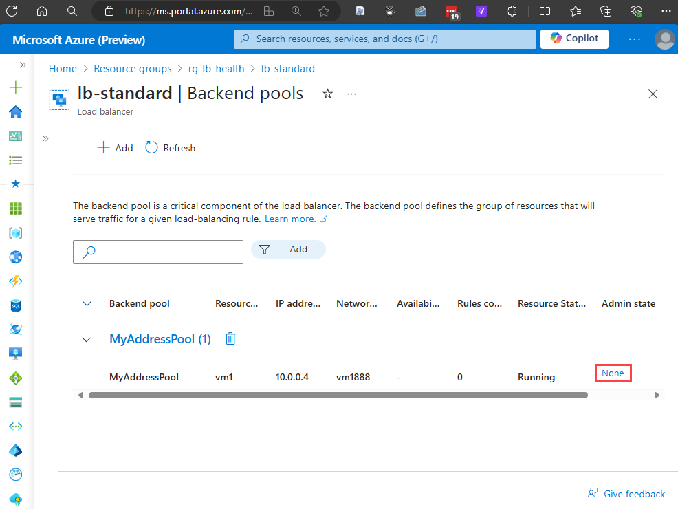 Screenshot of backend pools window with admin state link highlighted.