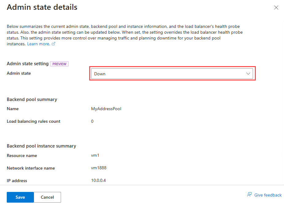 Screenshot of admin state details windows with down selected for admin state.