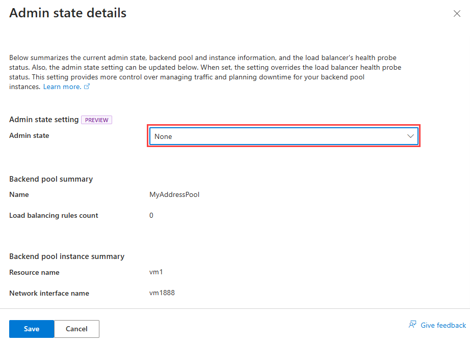 Screenshot of admin state details windows with none selected for admin state.