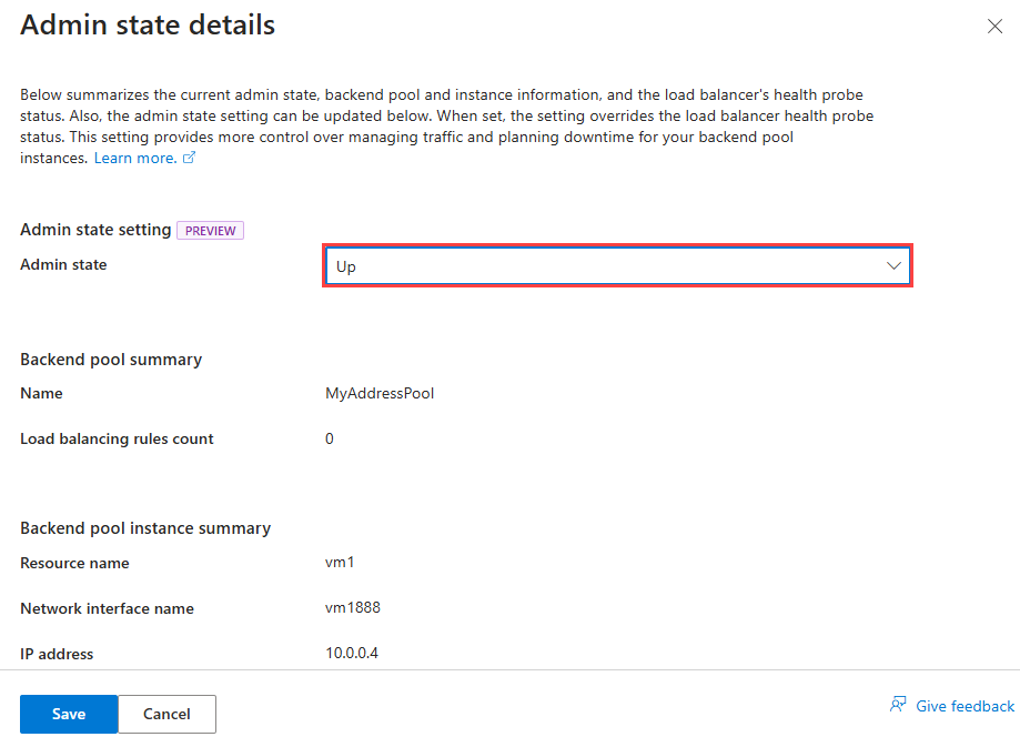 Screenshot of admin state details window with up selected for admin state.