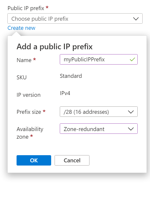 Screenshot of create public IP prefix.