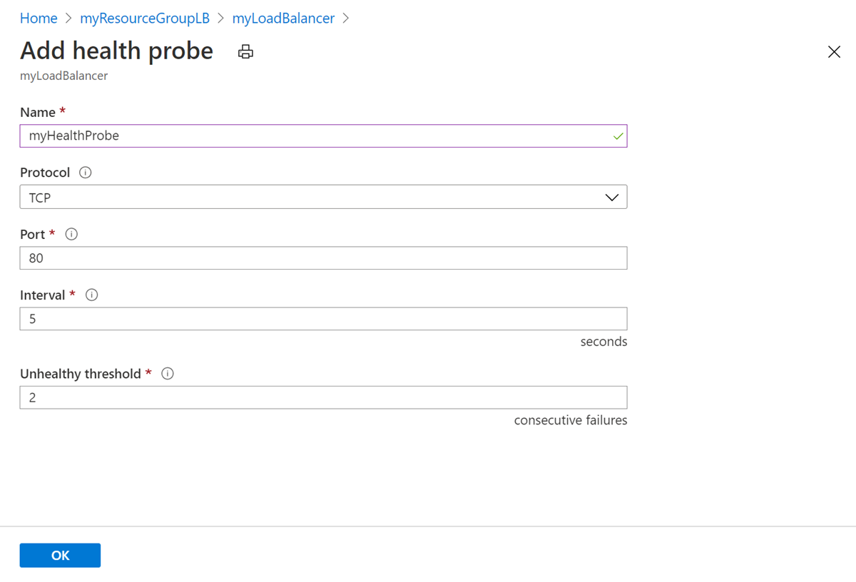 Screenshot of create add health probe.