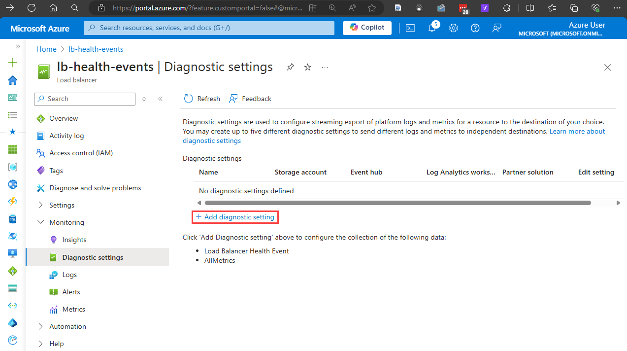 Screenshot of diagnostic settings window in Azure portal.