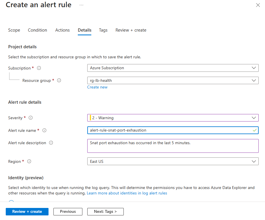 Screenshot of Details tab in Create an alert rule window.