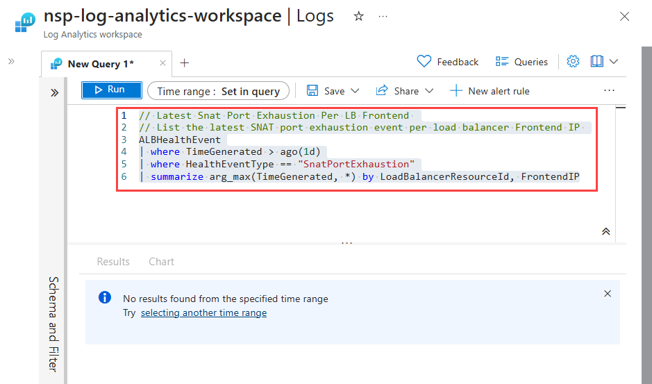 Screenshot of query editor with SNAT port exhaustion kusto query.