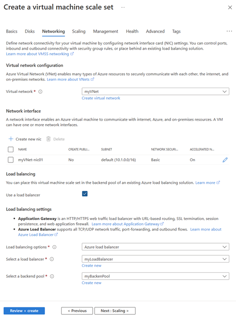 Screenshot shows the Create Virtual Machine Scale Set Networking tab.