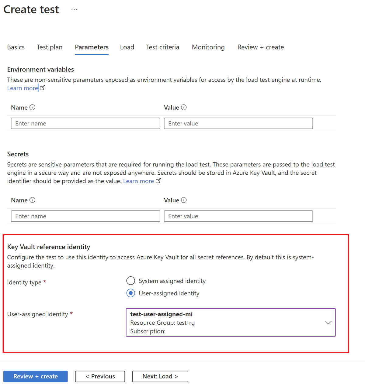 Screenshot that shows how to select key vault reference identity.