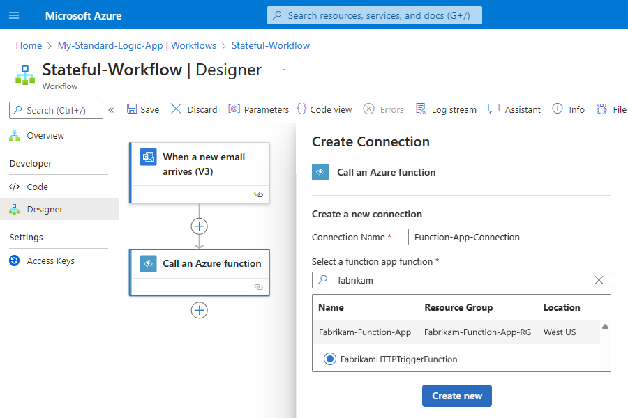 Screenshot shows Standard workflow designer with selected function app and function.