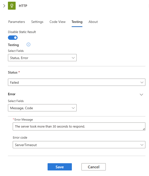 Screenshot showing the "Testing" pane after selecting "Enable Static Result".