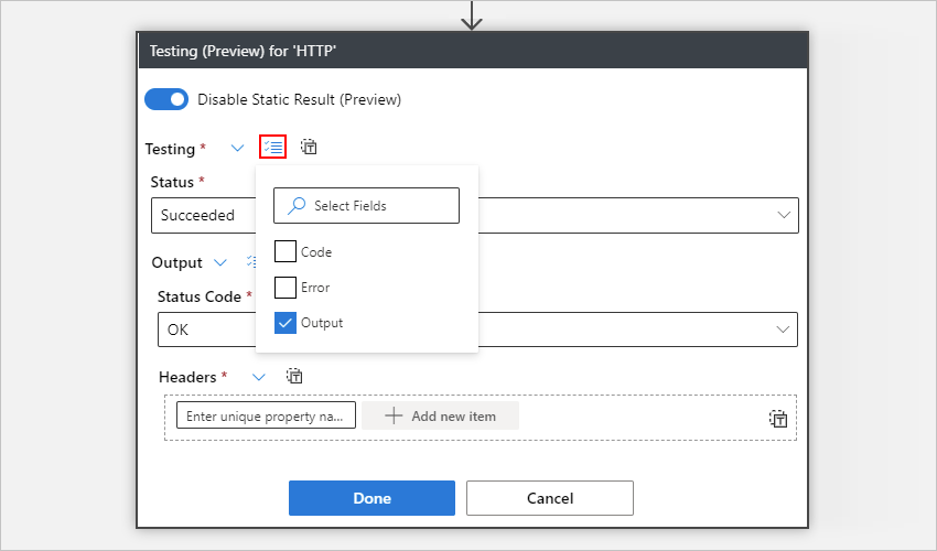 Screenshot showing the "Testing" pane with "Select optional fields" list opened.