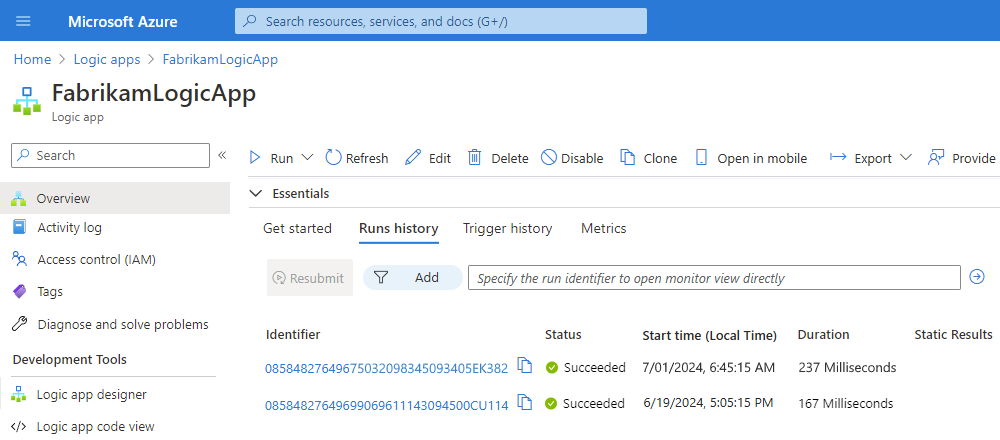 Screenshot showing workflow run history.