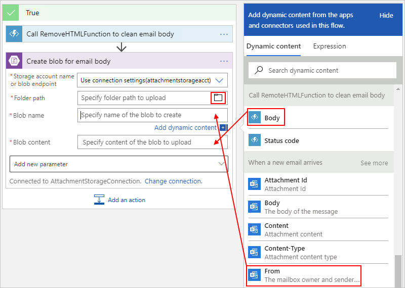 Screenshot showing information about the HTML-free email body in the Create blob action.