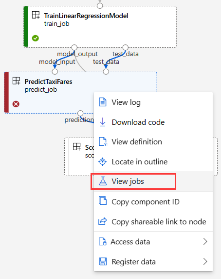 Screenshot that shows a failed node with view jobs highlighted.