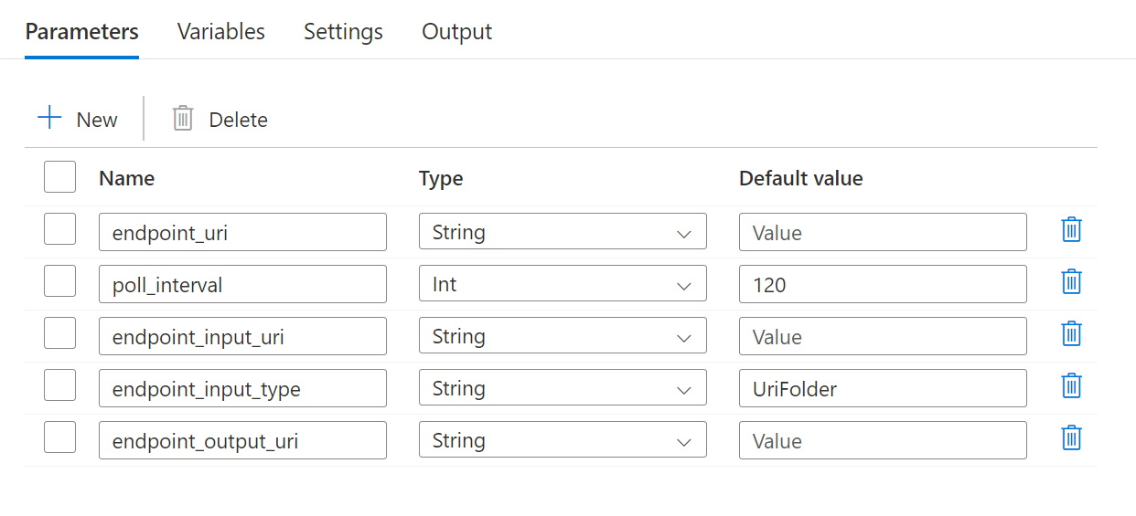 Screenshot of the pipeline parameters expected for the resulting pipeline that uses managed identity.