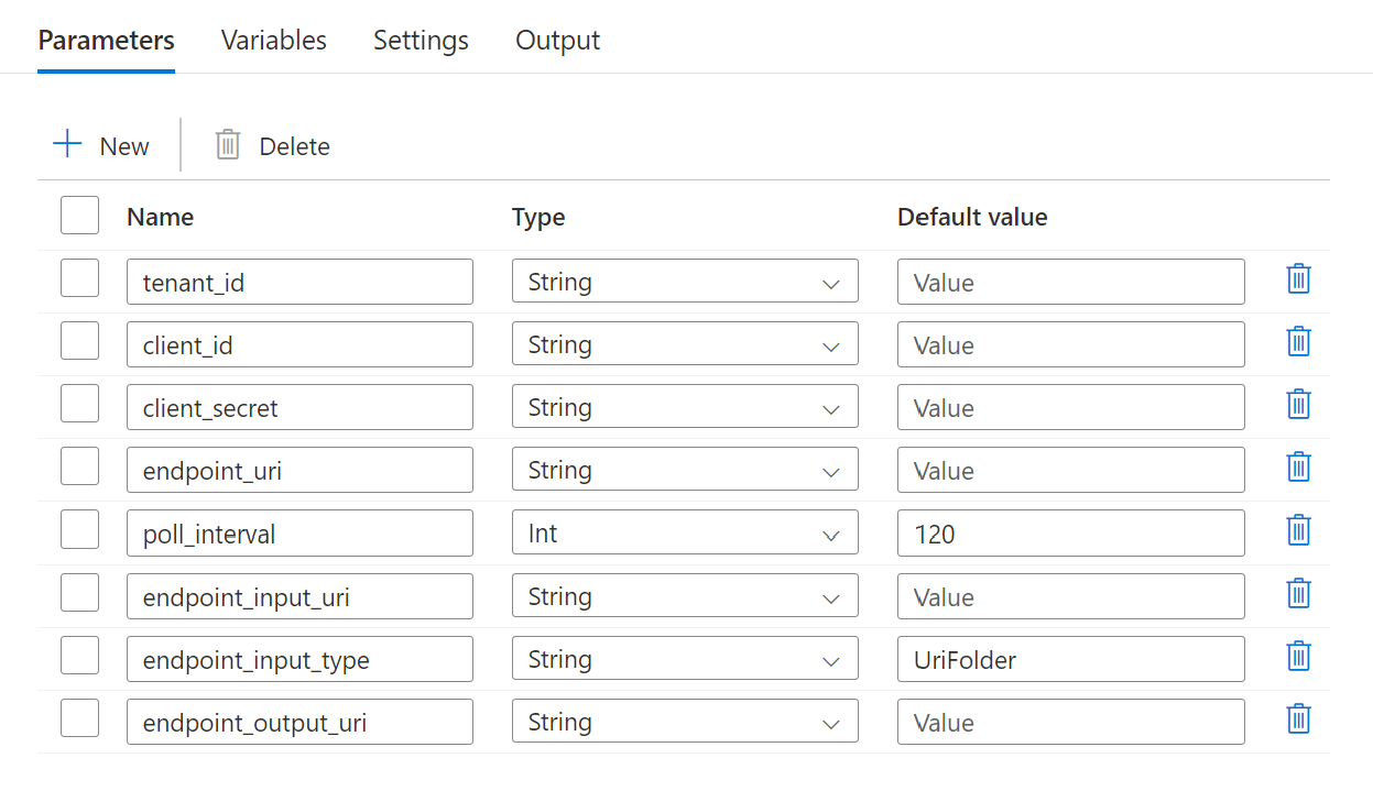 Screenshot of the pipeline parameters expected for the resulting pipeline.