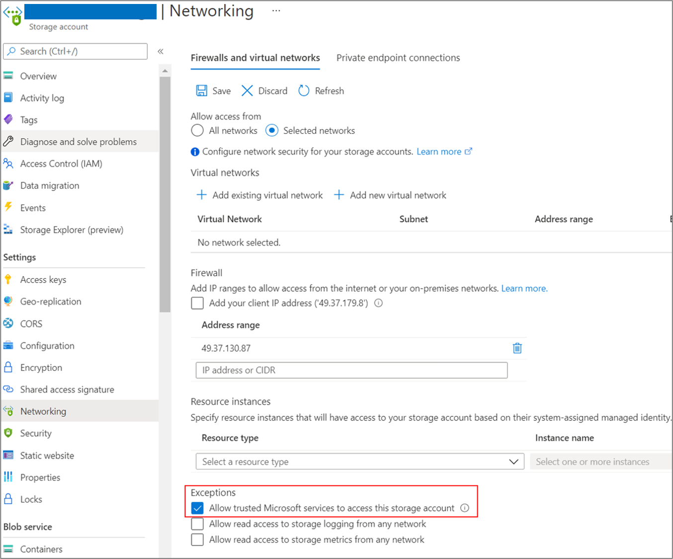 Screenshot that shows the Allow trusted Microsoft services to access this storage account option.