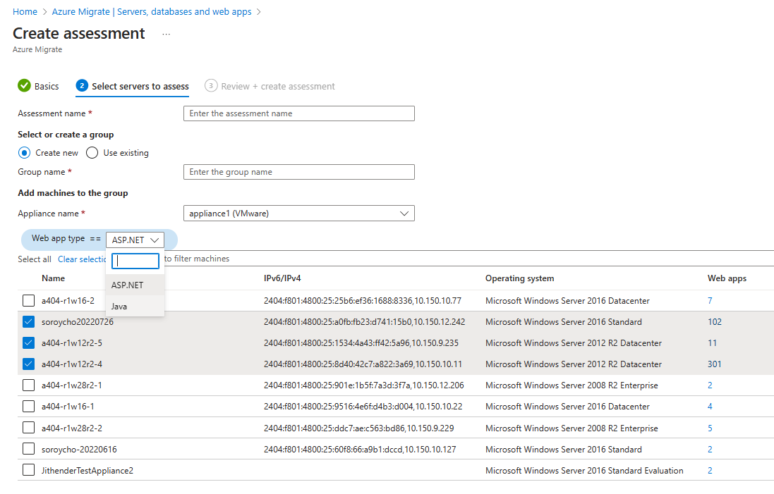 Screenshot of selecting servers containing the web apps to be assessed.