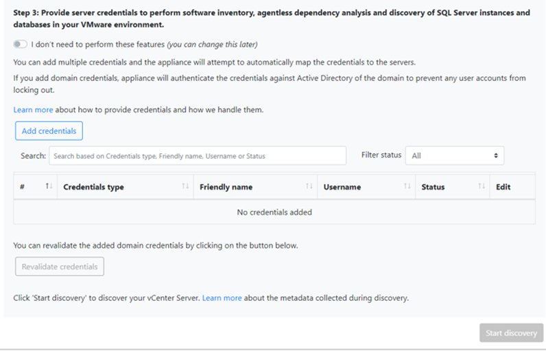 Screenshot that shows providing credentials for software inventory, dependency analysis, and s q l server discovery.