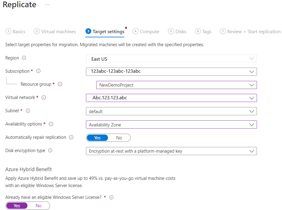 Screenshot of target settings.