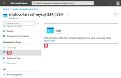 A screenshot showing how to open the SSH shell for your app from the Azure portal.