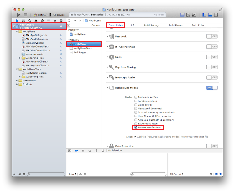 Screenshot of XCode, with the app project selected and the Capabilities tab open. The Remote notifications check box is selected.
