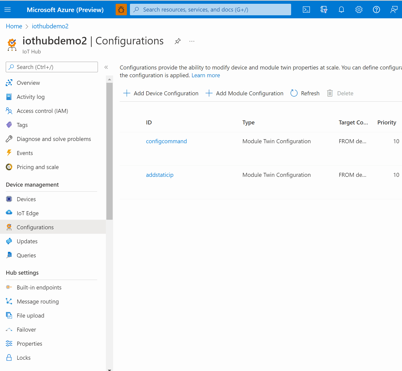 Screen capture showing ip address add command from Azure Portal