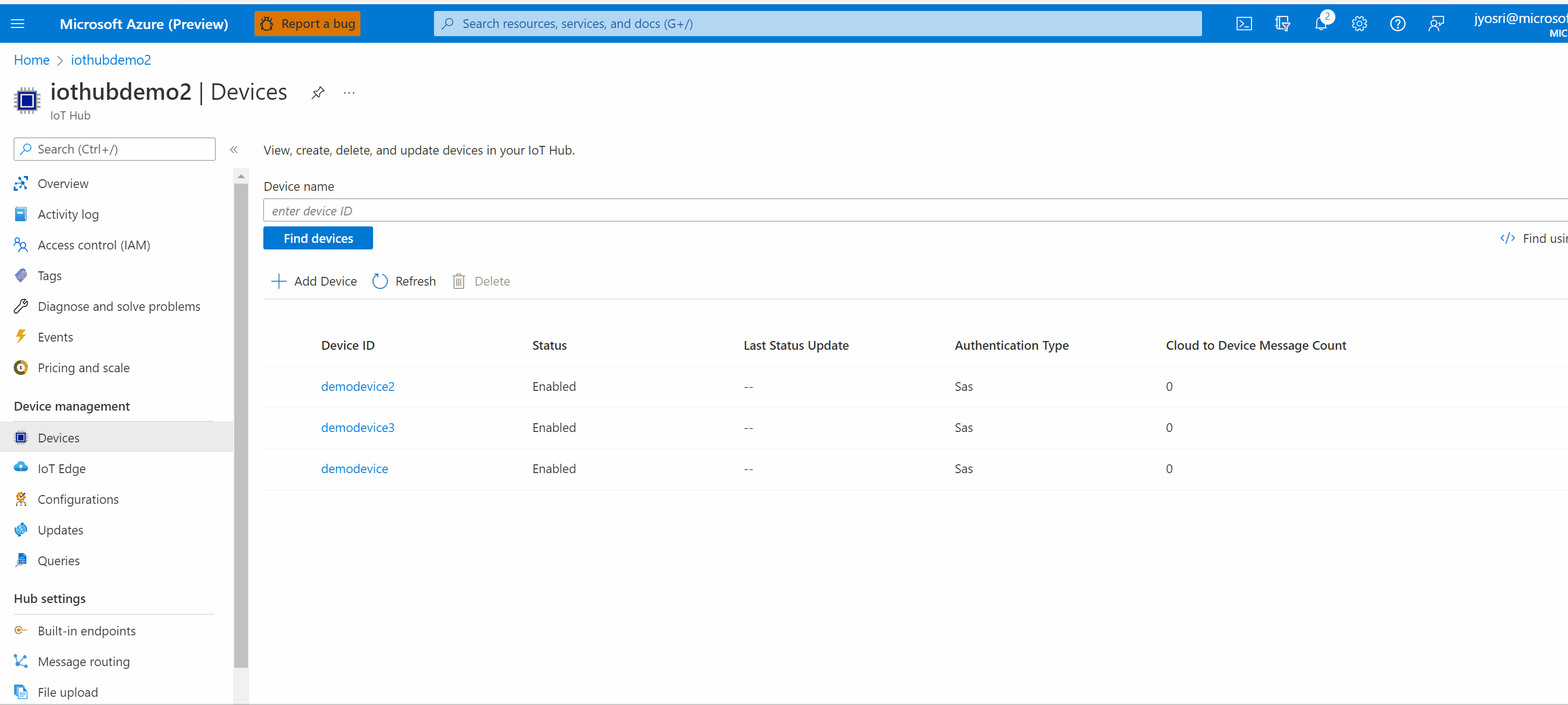 Screen capture showing device network properties from Azure Portal