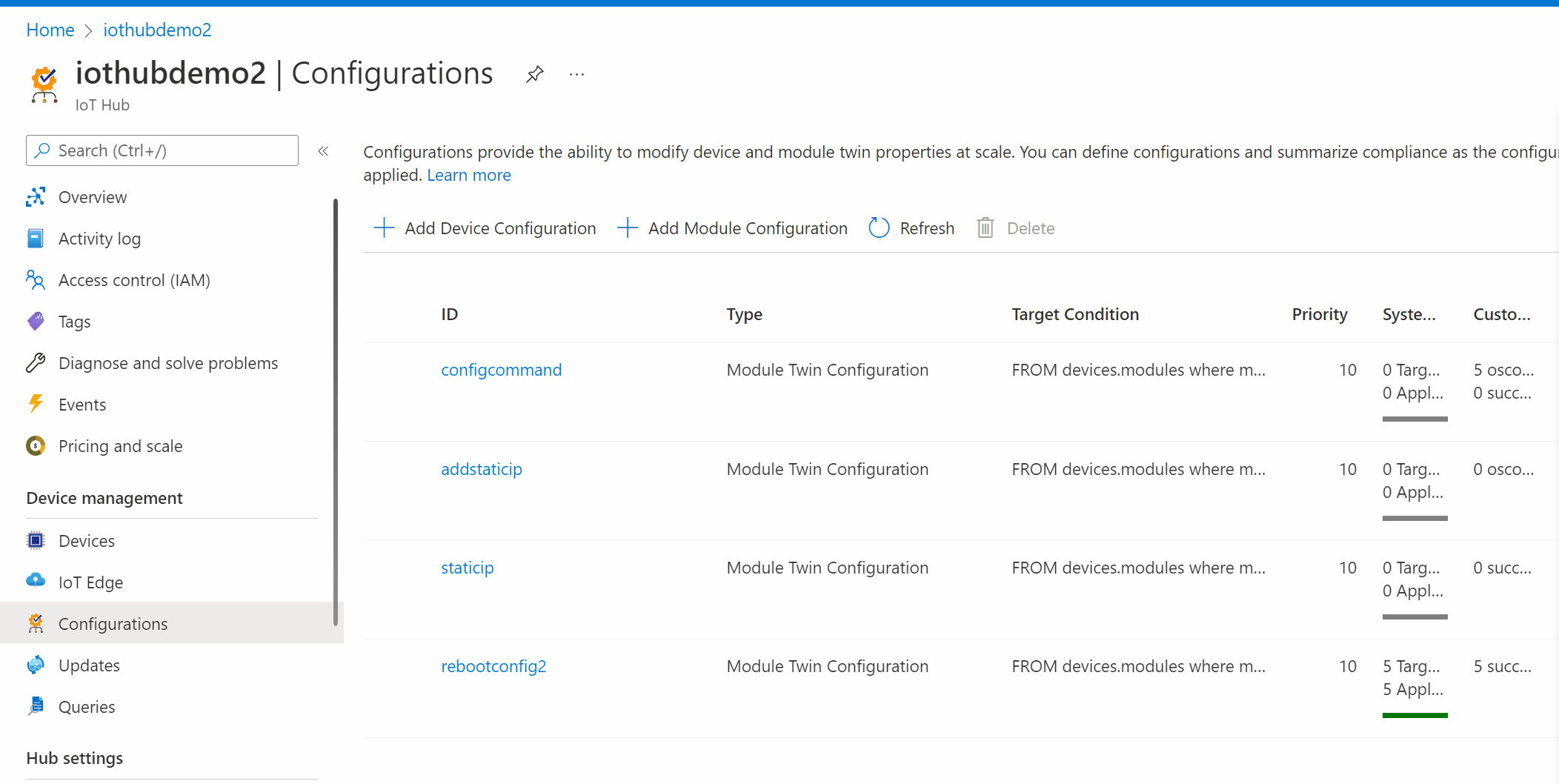 Screen capture showing creation of a Configuration from Azure Portal for rebooting a fleet of devices