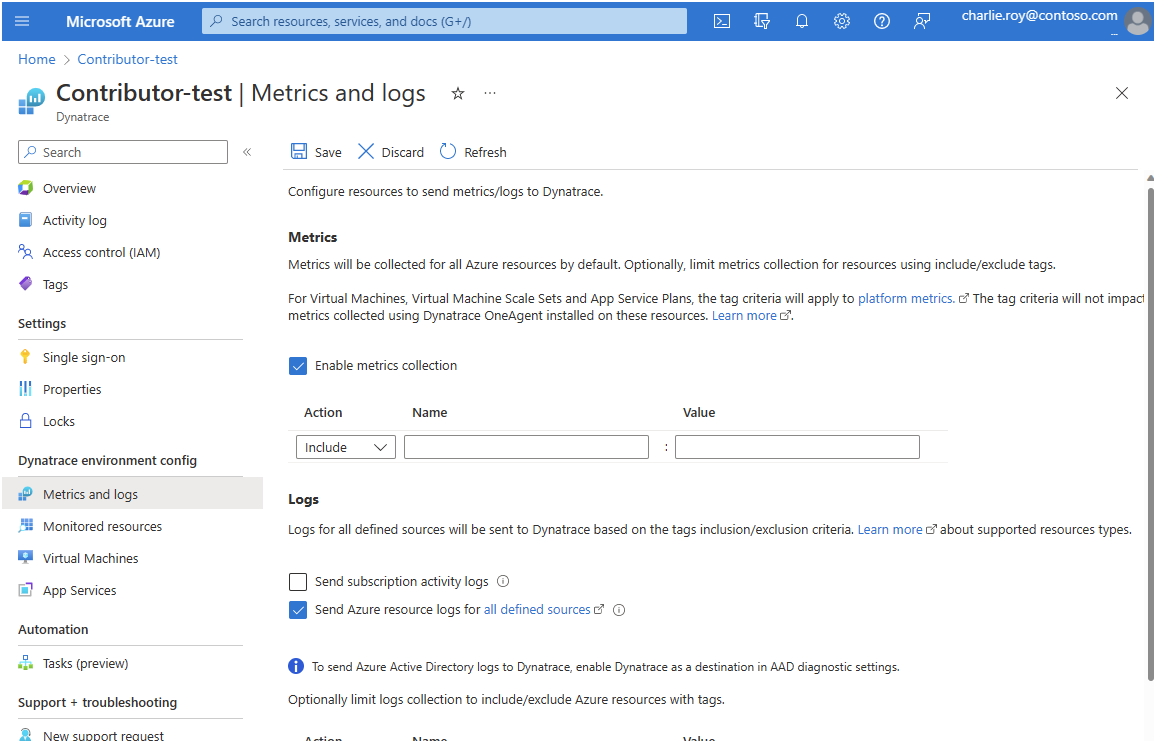 Screenshot showing options for metrics and logs.