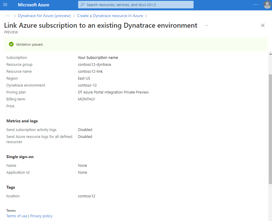 Screenshot showing form to review and create a link to a Dynatrace environment.