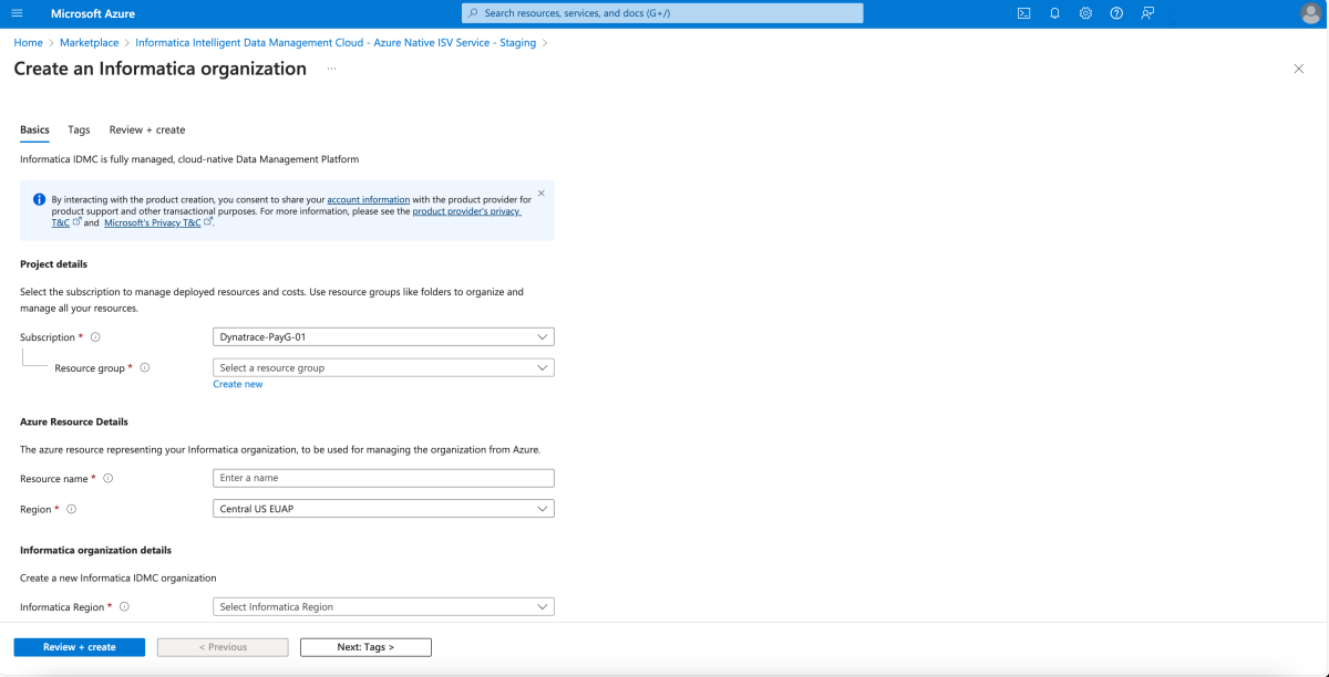 Screenshot of Basics pane of the Informatica create experience.