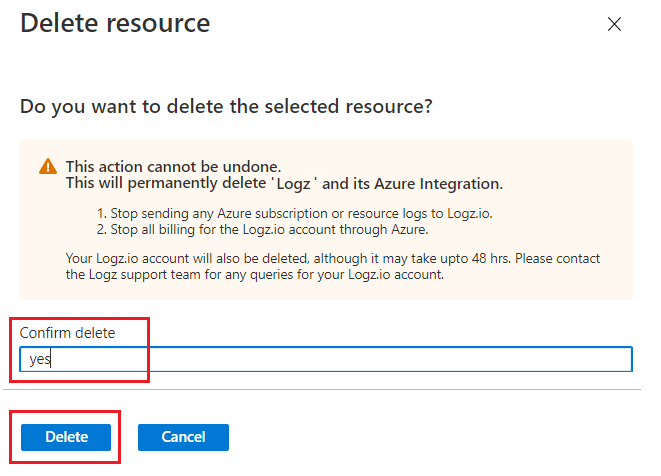 Confirm to delete a Logz.io resource.