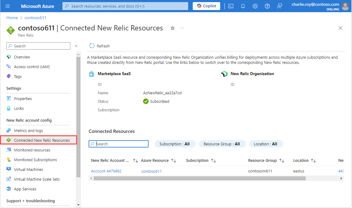 Screenshot showing Connected New Relic resources selected in the Resource menu.