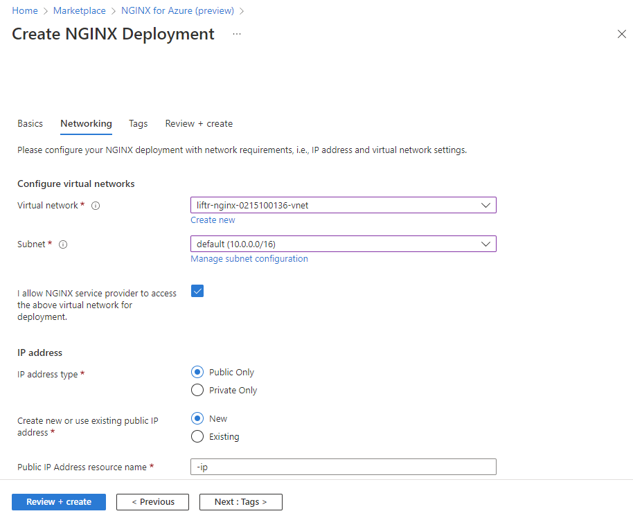 Screenshot of the networking pane in the NGINXaaS create experience.