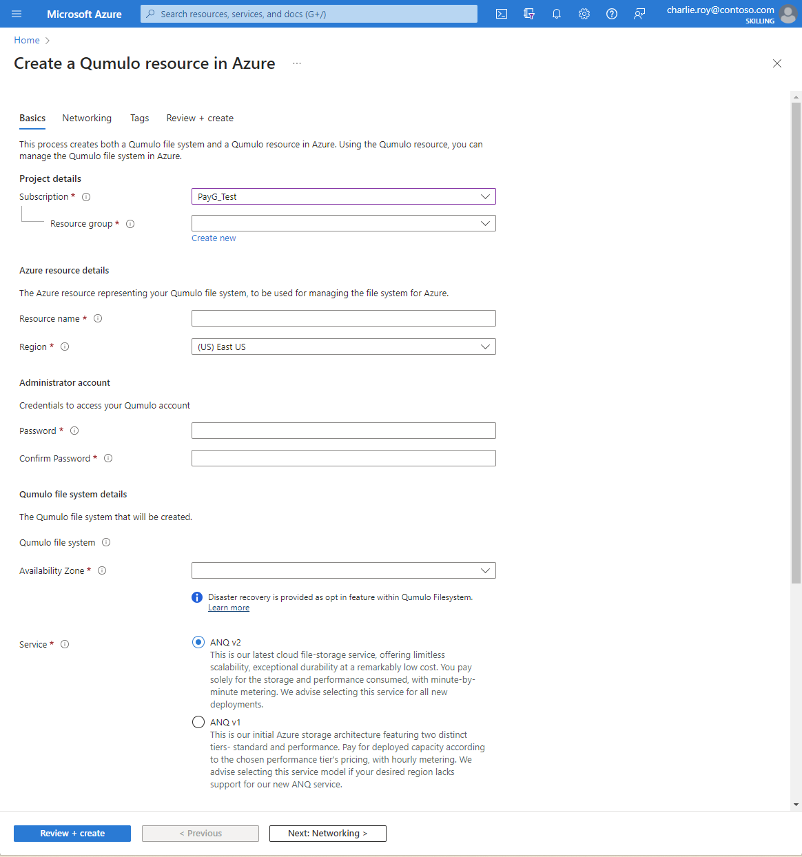 Screenshot of the Basics tab for creating a Qumulo resource on the working pane.