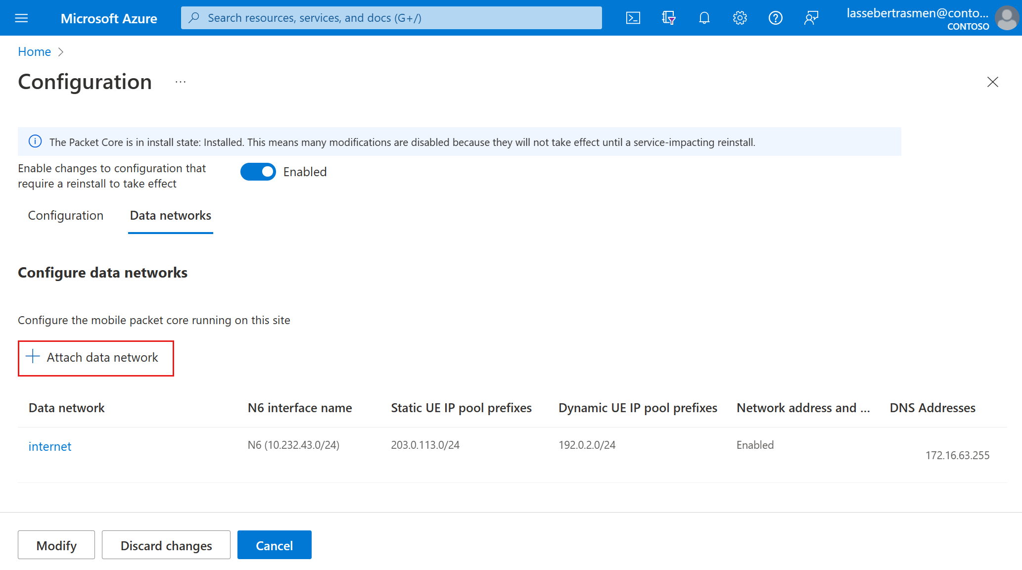 Screenshot of the Azure portal showing the Modify packet core Data networks tab. The option to attach a data network is highlighted.